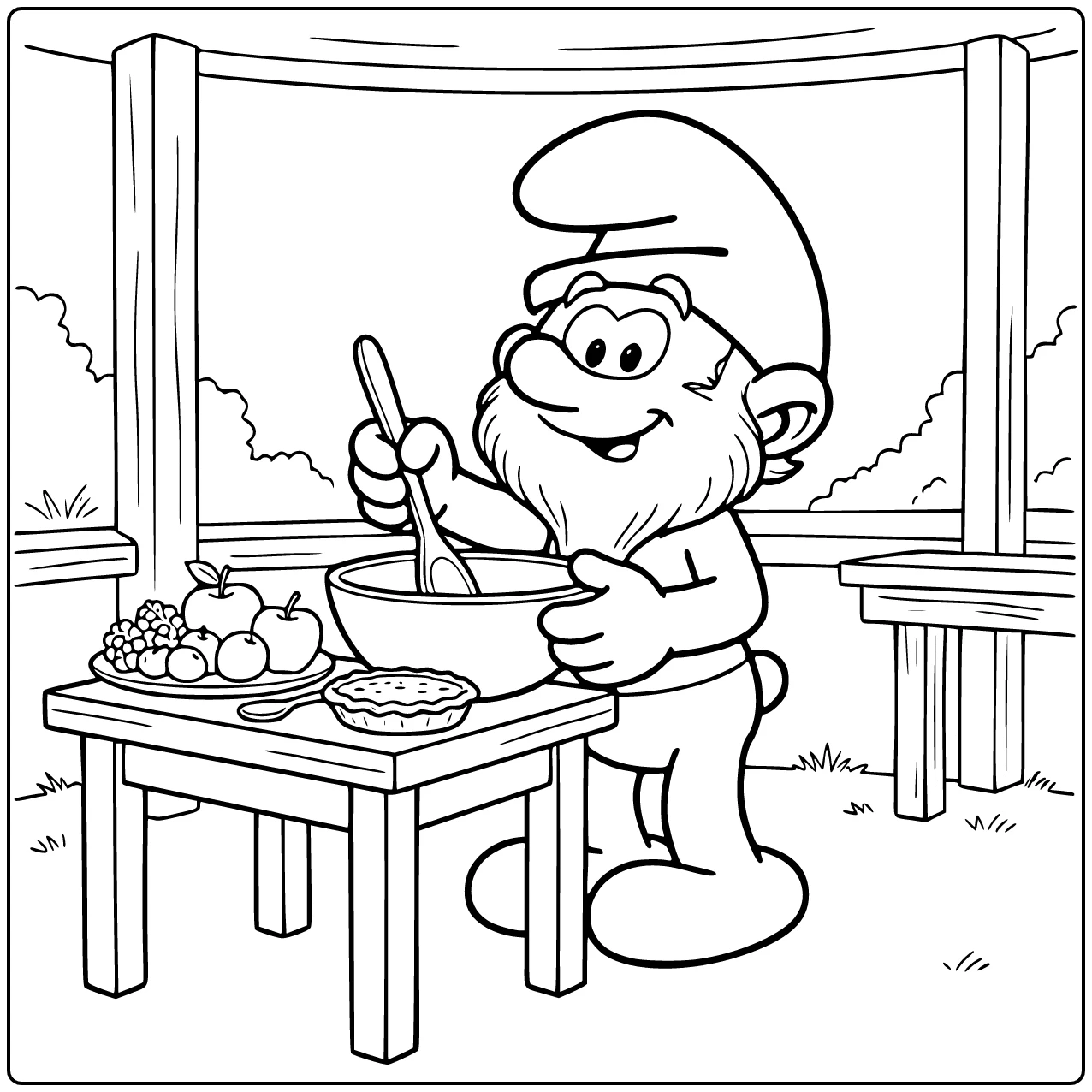 Papa Smurf Baking Outside Stirring Dough in Bowl coloring page