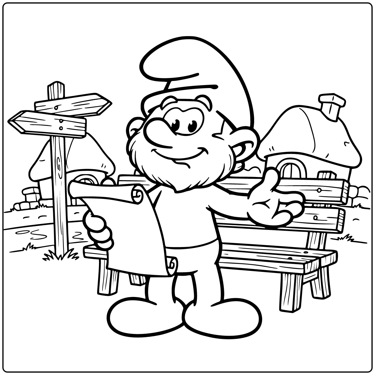 Papa Smurf Gives Advice with Scroll at Villa coloring page
