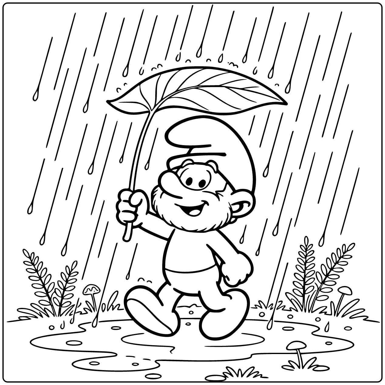 Smurf with Big Leaf Umbrella Walking coloring page
