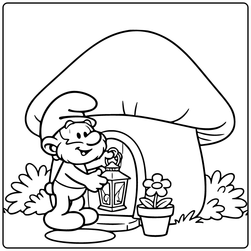 Papa Smurf on Ladder with Mushroom House coloring page