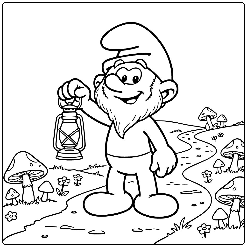 Papa Smurf coloring page with a printable Smurfs village scene