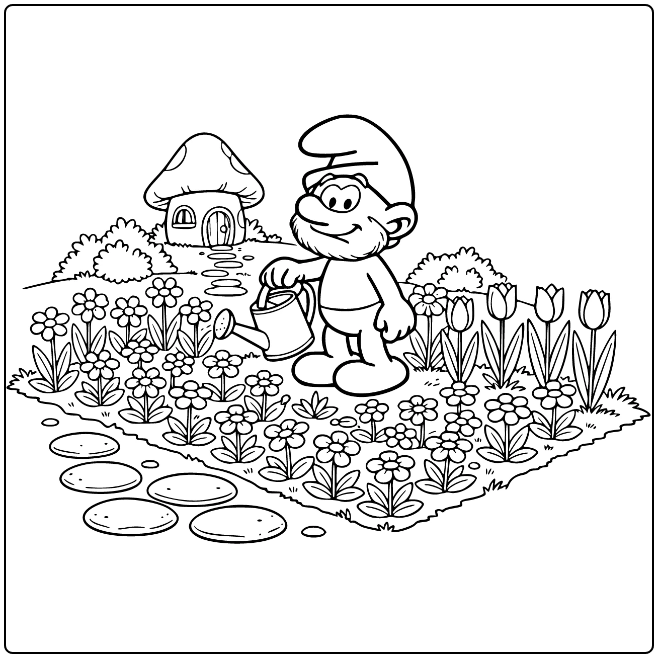 Papa Smurf with Flowers and Plants coloring page