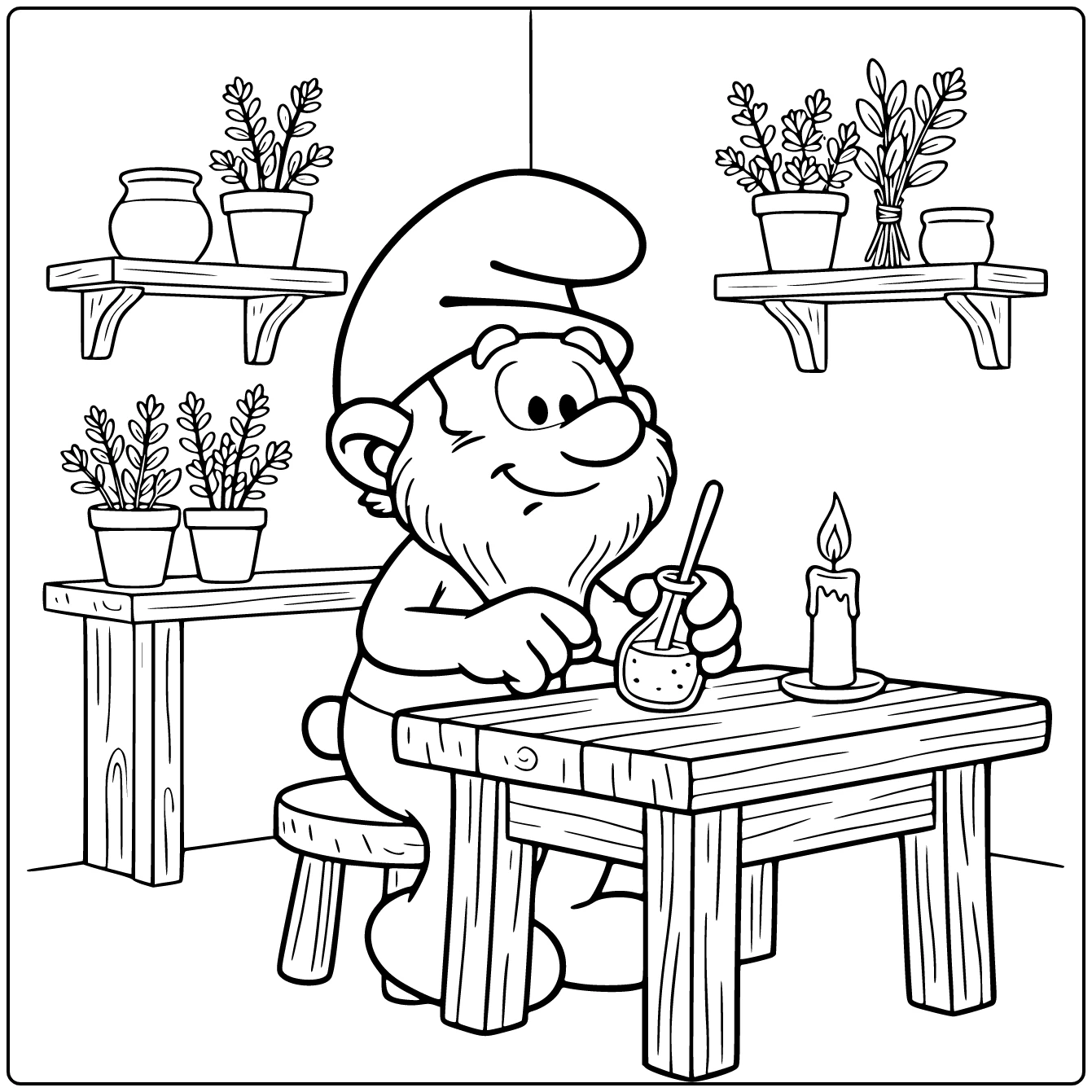 Papa Smurf Stirring in Small Pot coloring page