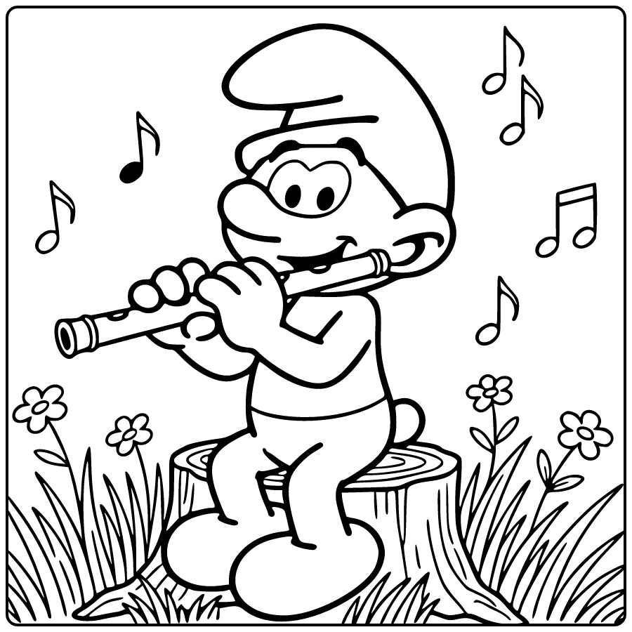 Flute-playing Papa Smurf on Stump coloring page