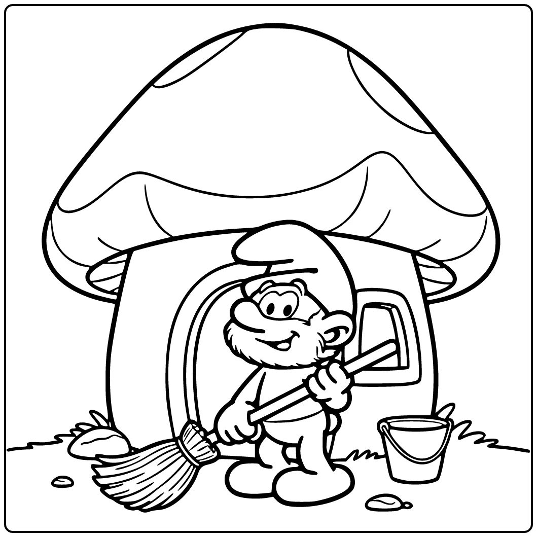 Papa Smurf Sweeping His House Clean with Broom coloring page