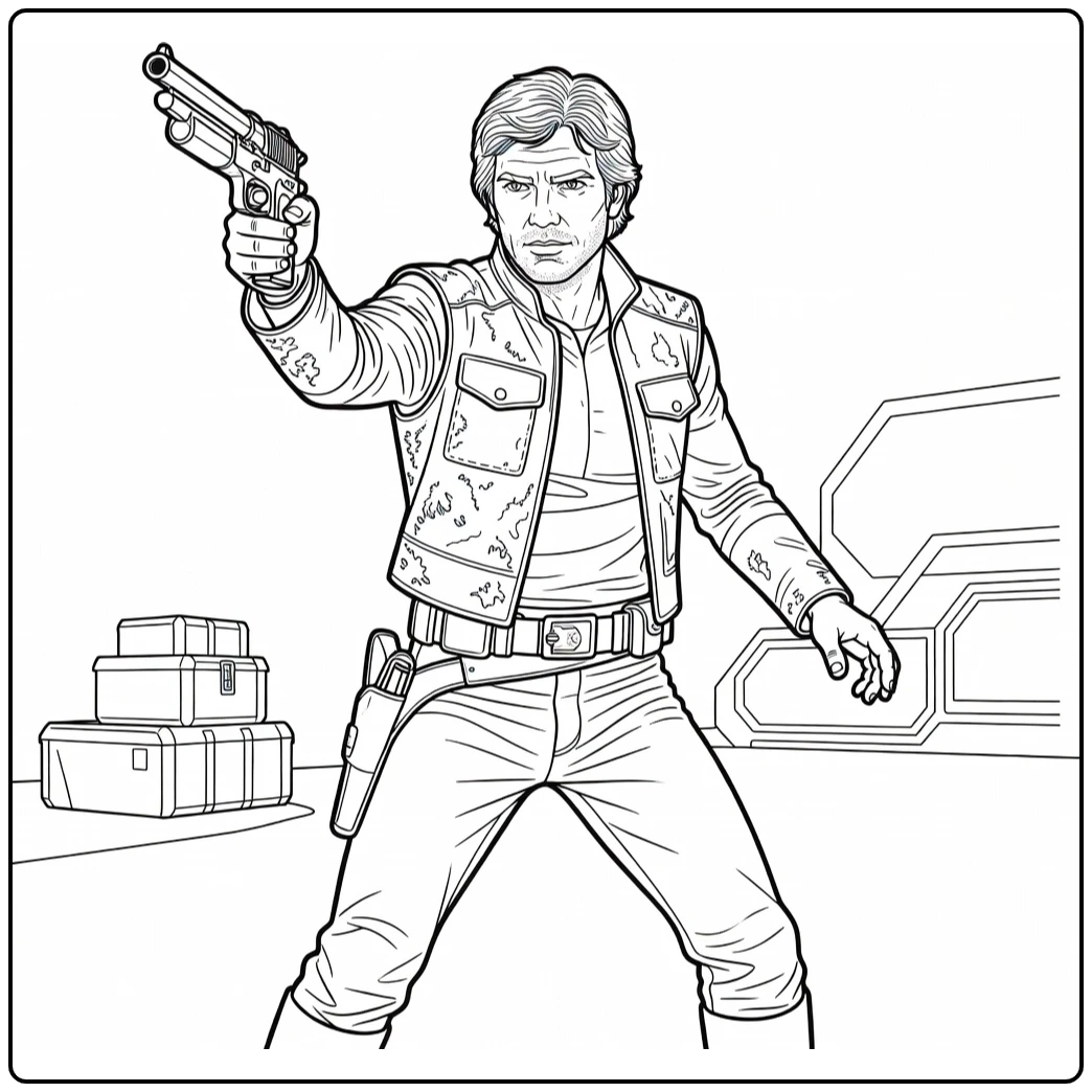 Han Solo Action Pose Blaster and Jacket coloring page
