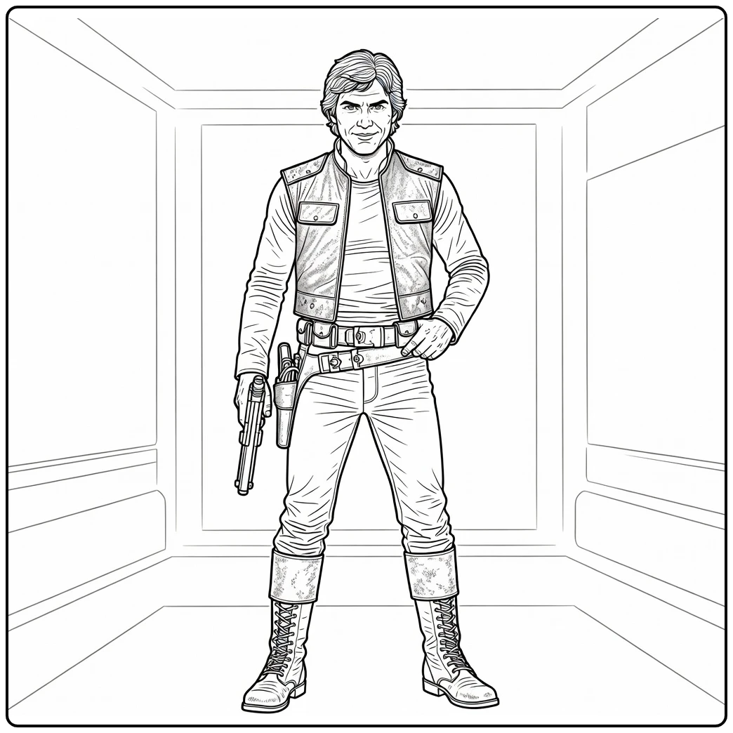 Han Solo in Pose with Blaster and Vest Outfit coloring page