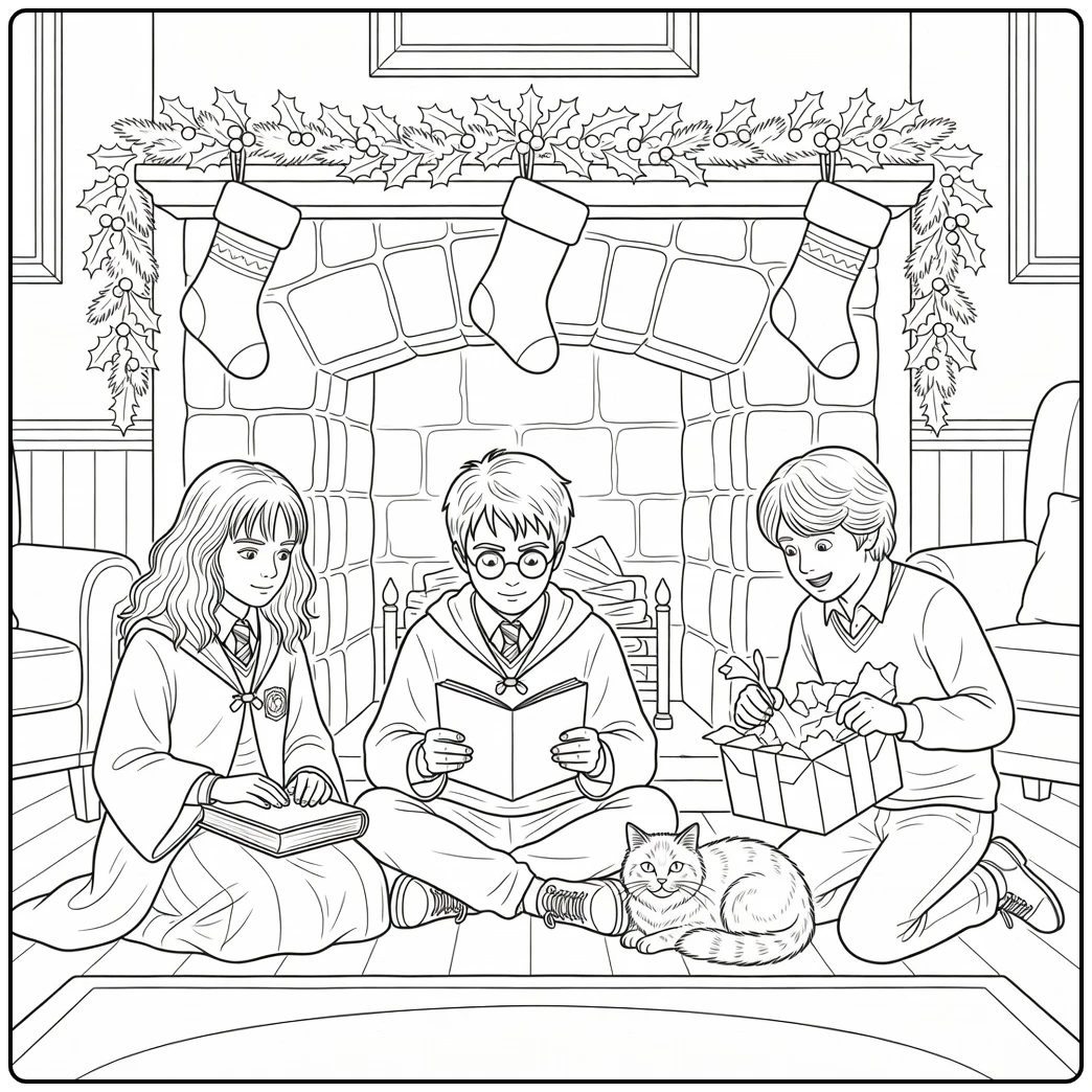 Harry Potter Christmas coloring page with Harry, Hermione, and Ron by the fireplace