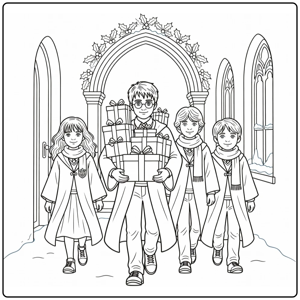 Harry Potter Christmas Carrying Gifts with Ron and Hermione coloring page
