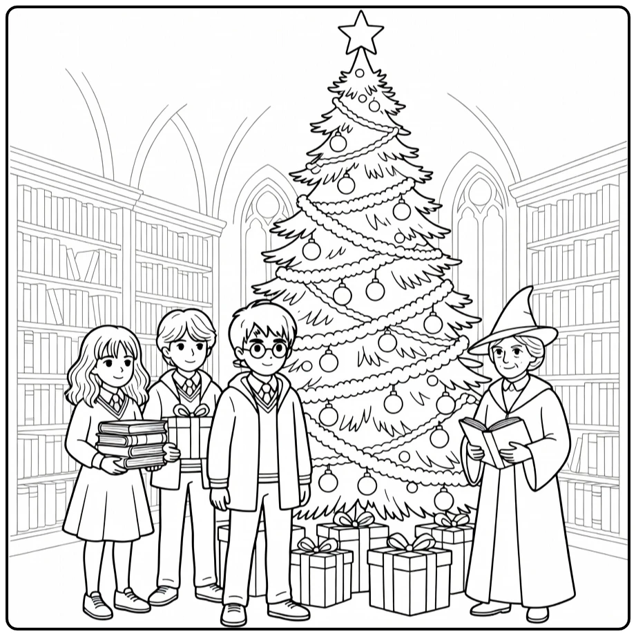 Harry Potter Christmas with Friends in Hogwarts coloring page