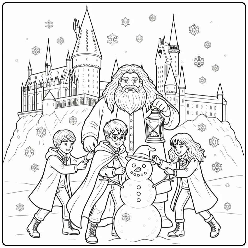 Harry Potter Christmas with Ron, Hermione, and Hagrid Snow coloring page