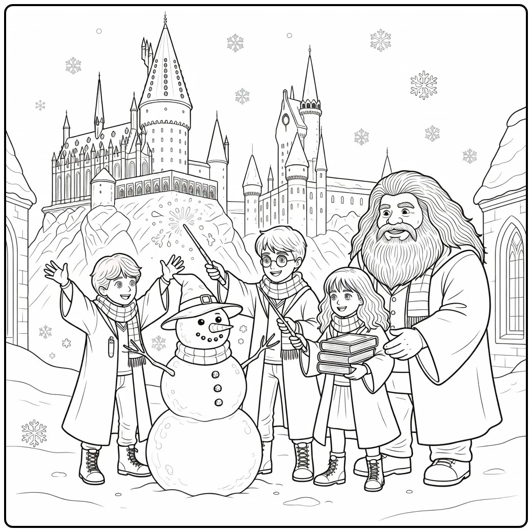 Harry Potter Christmas with Ron, Hermione, and Hagrid coloring page