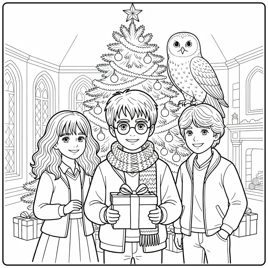 Harry Potter Christmas at Hogwarts with Harry and Friends coloring page