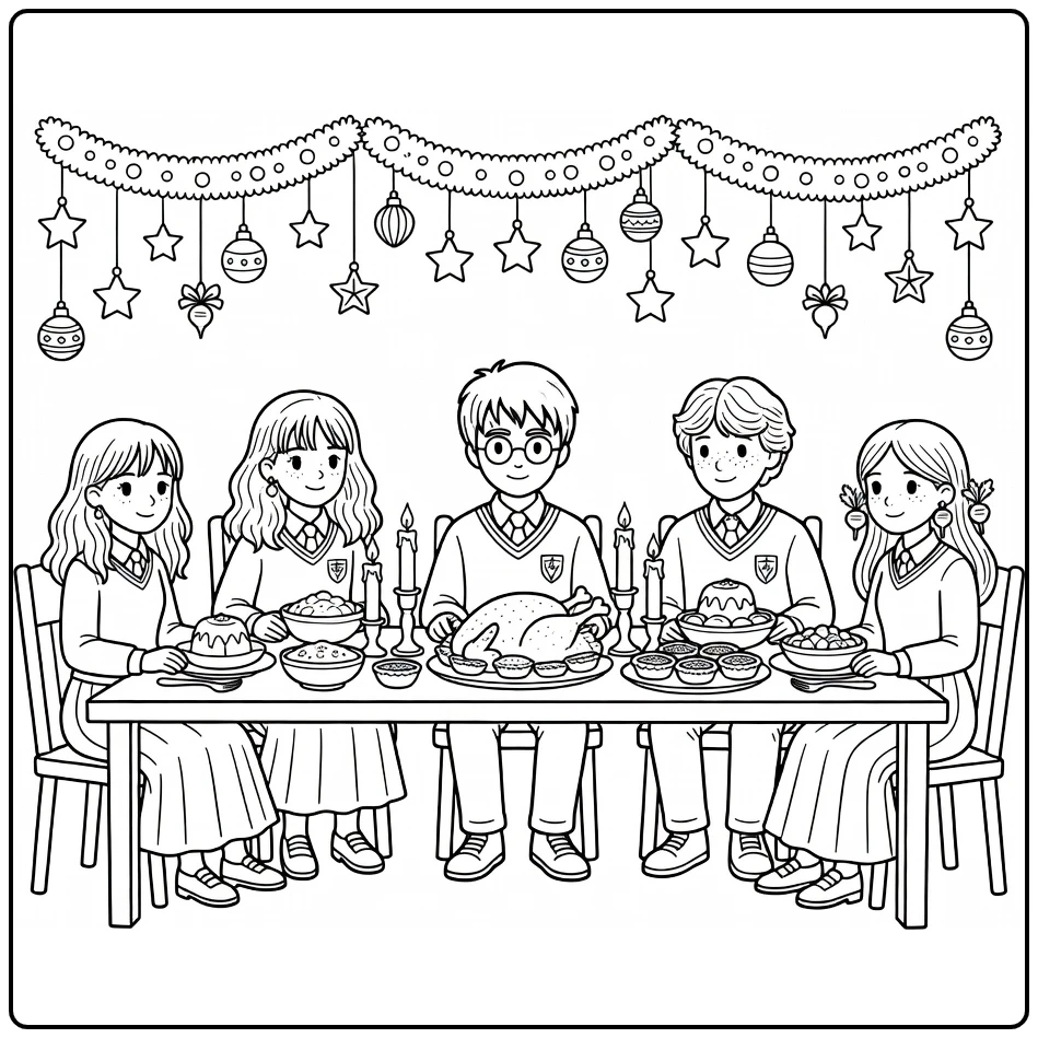 Harry Potter Hogwarts Christmas Feast with Ron and Hermione coloring page