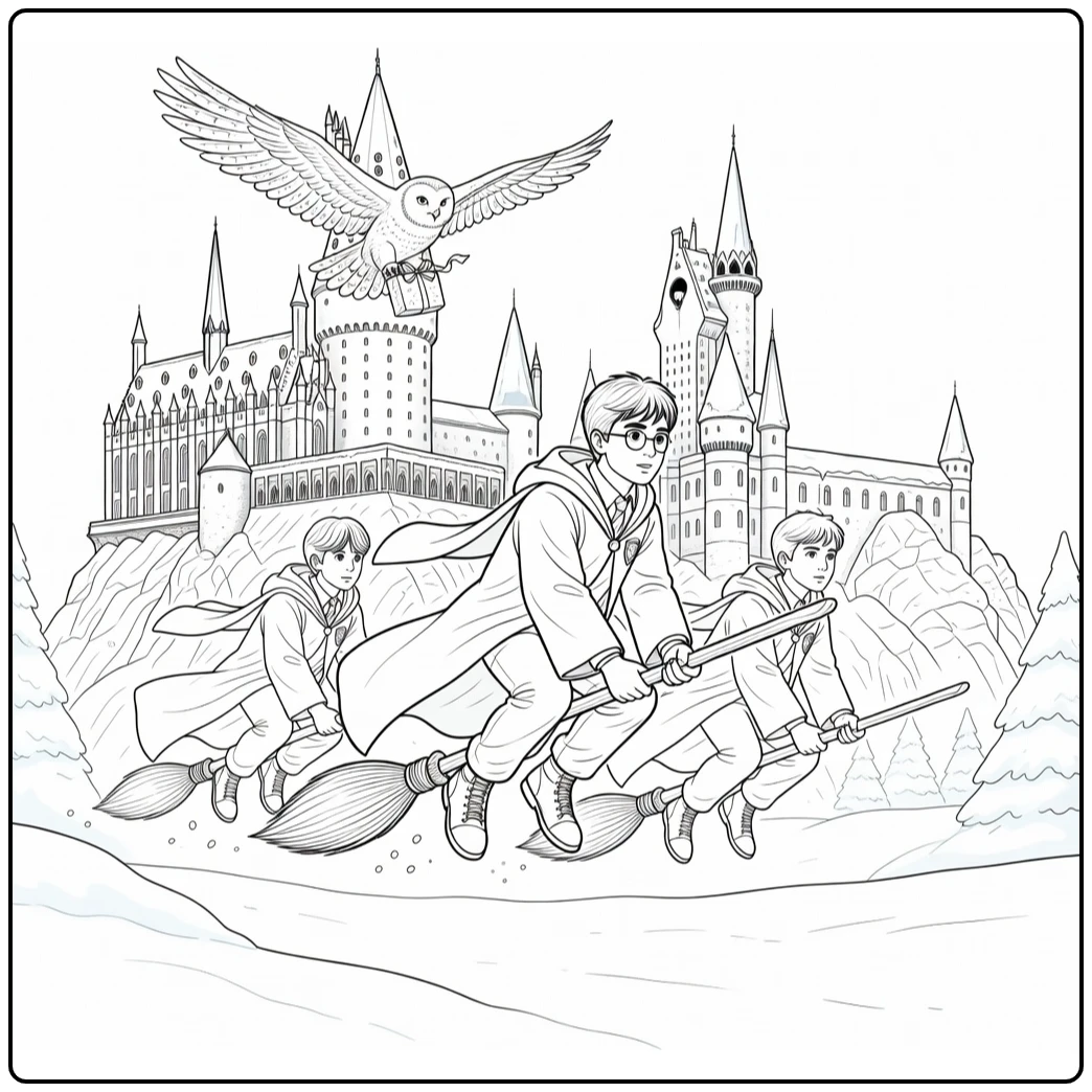 Harry Potter Ron Draco Hedwig Christmas Flight coloring page