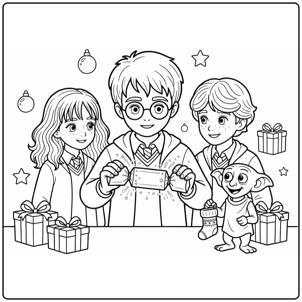 Harry Potter Friends and Dobby with Christmas Cracker coloring page