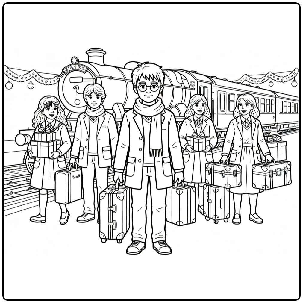 Harry Potter Platform 9 Christmas with Luggage and Train coloring page