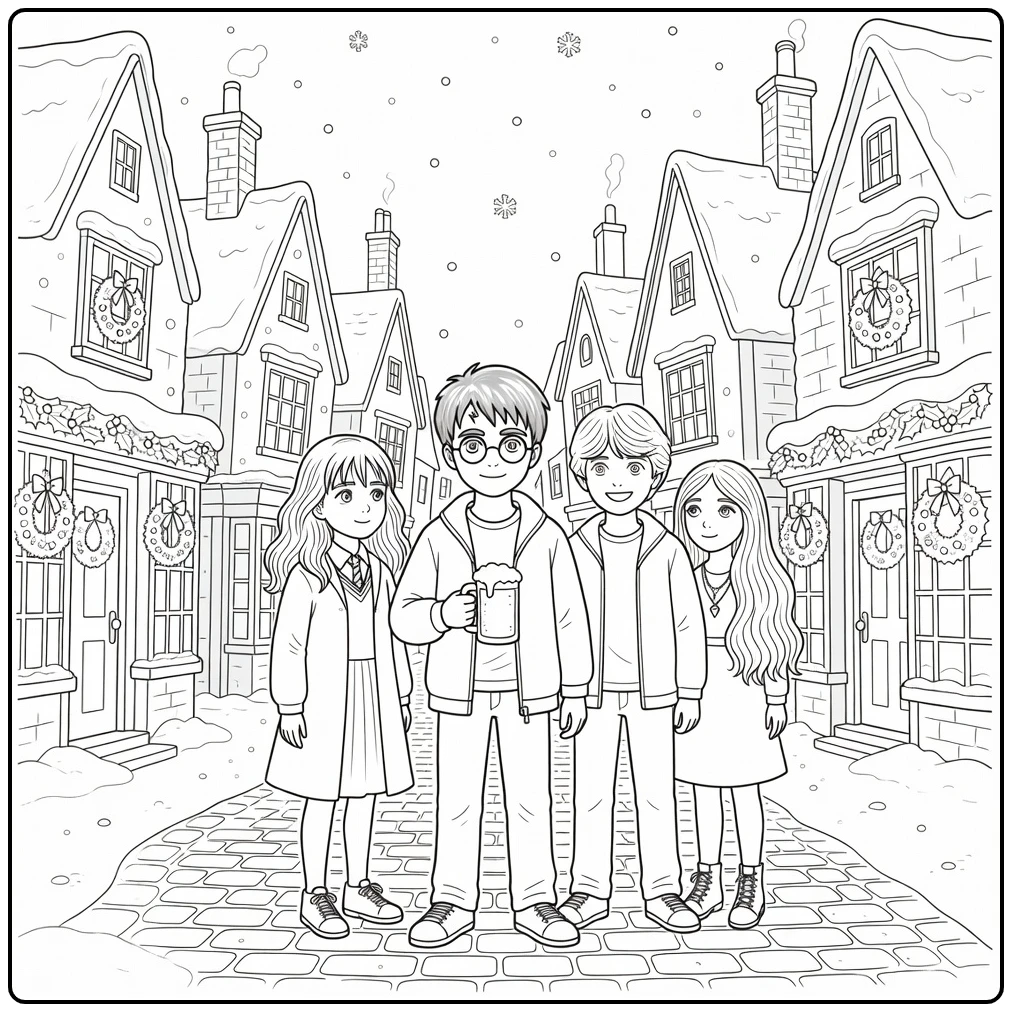 Harry Potter Hogsmeade Christmas with Harry and Ron Luna coloring page
