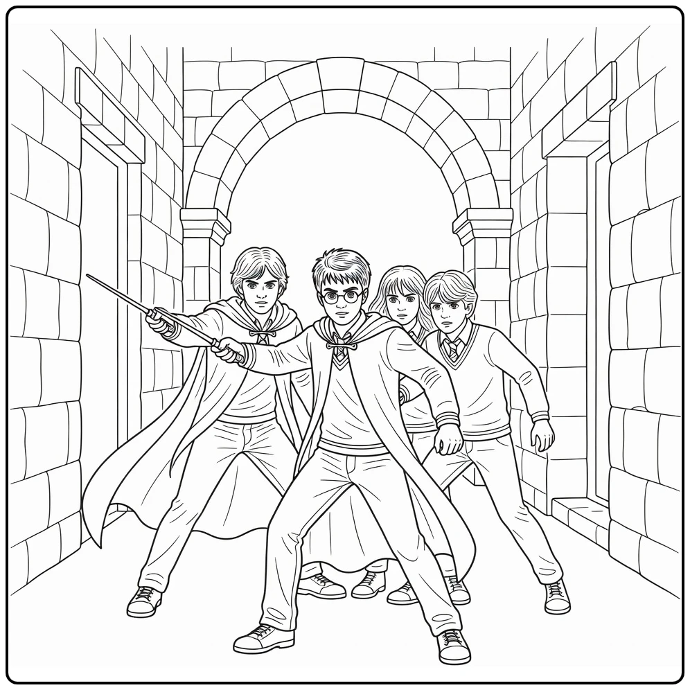 Harry Potter Tense Duel in the Corridor coloring page