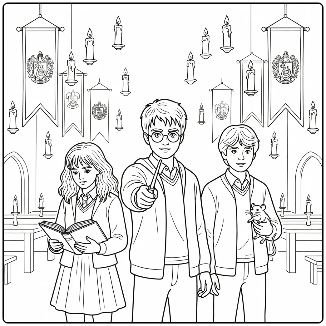 Harry Potter coloring page with Harry, Hermione, and Ron in the Great Hall