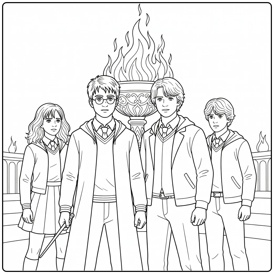 Harry Potter with Harry and Cedric with Goblet of Fire coloring page