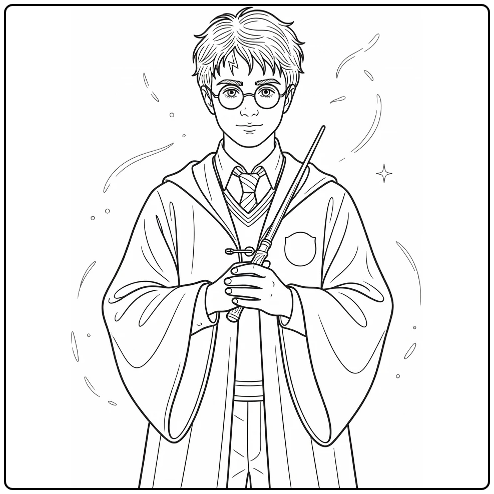 Harry Potter in Hogwarts Robe with Scar coloring page