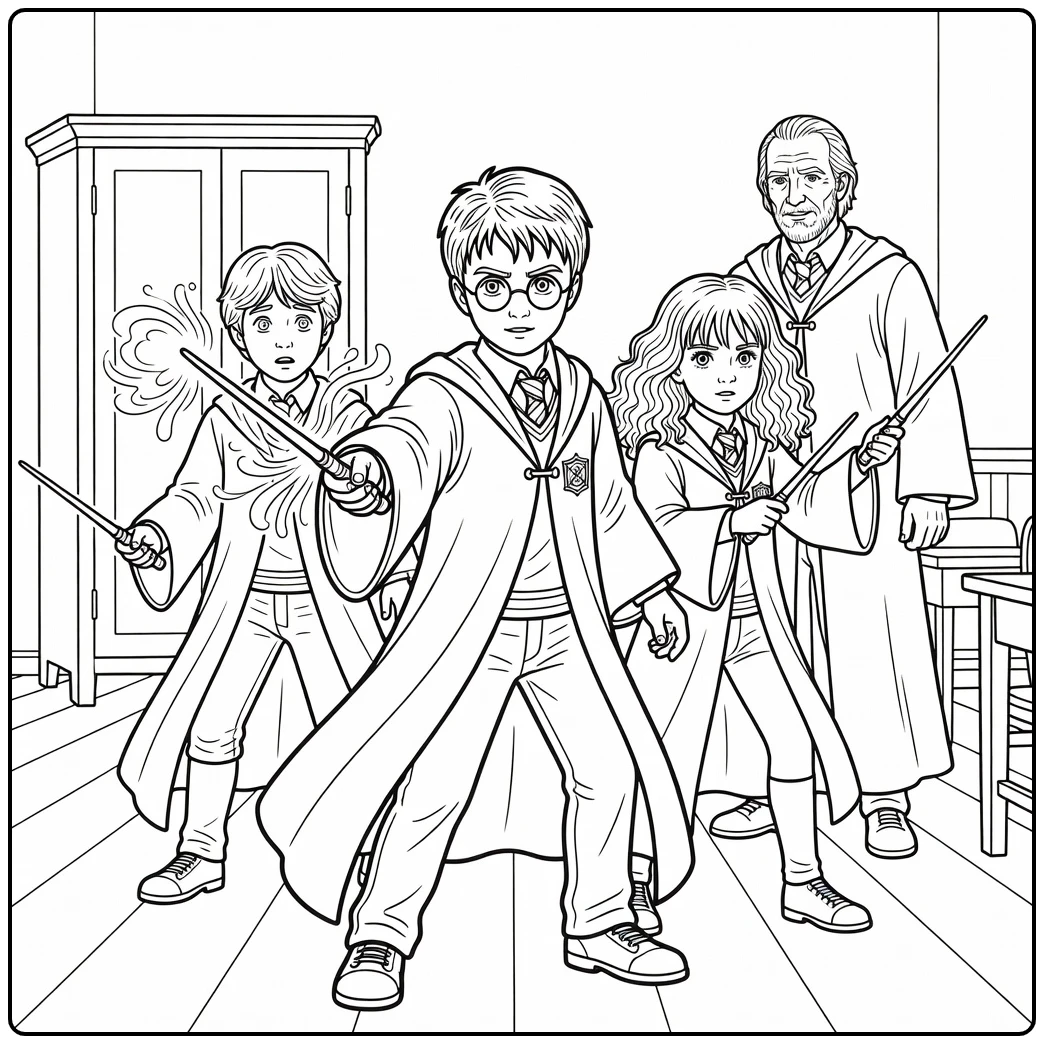 Harry Potter in Classroom with Lupin coloring page