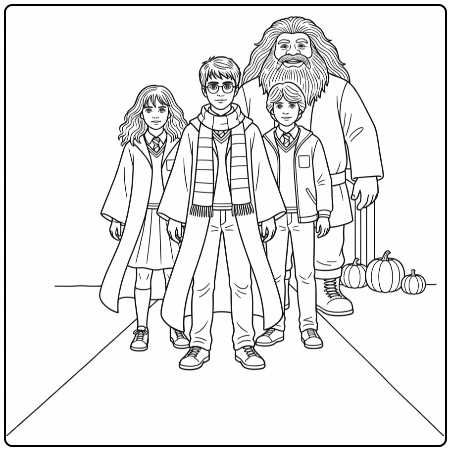 Easy Harry Potter Hagrid's Hut with Pumpkins coloring page