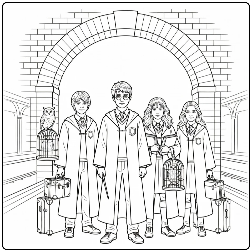 Easy Harry Potter and Friends with Luggage coloring page