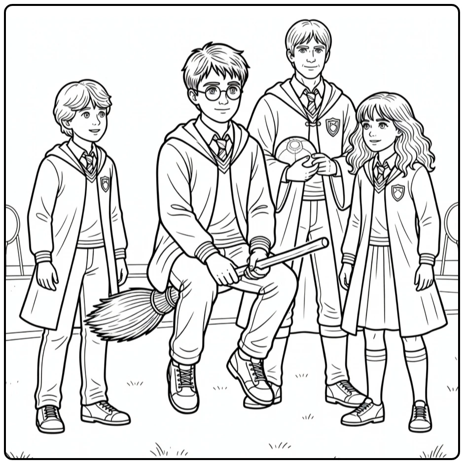 Easy Harry Potter on Broom Quidditch with Friends coloring page