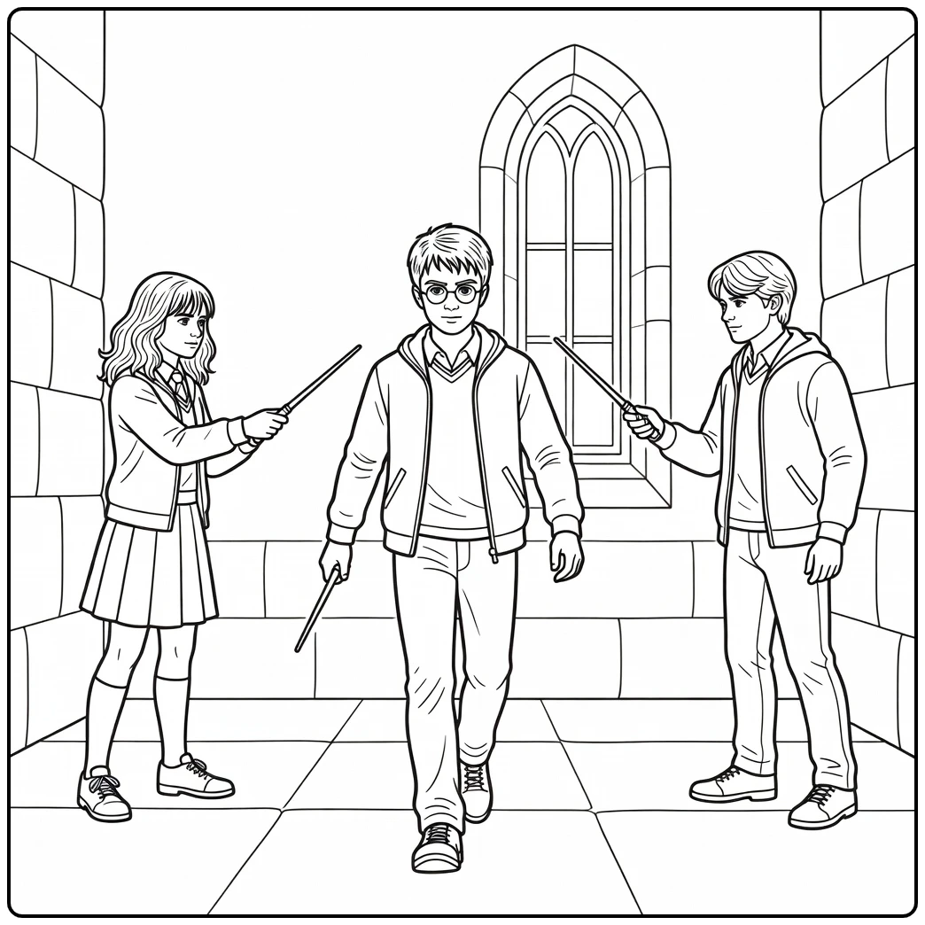 Easy Harry Potter Meeting Hogwarts Corridor coloring page