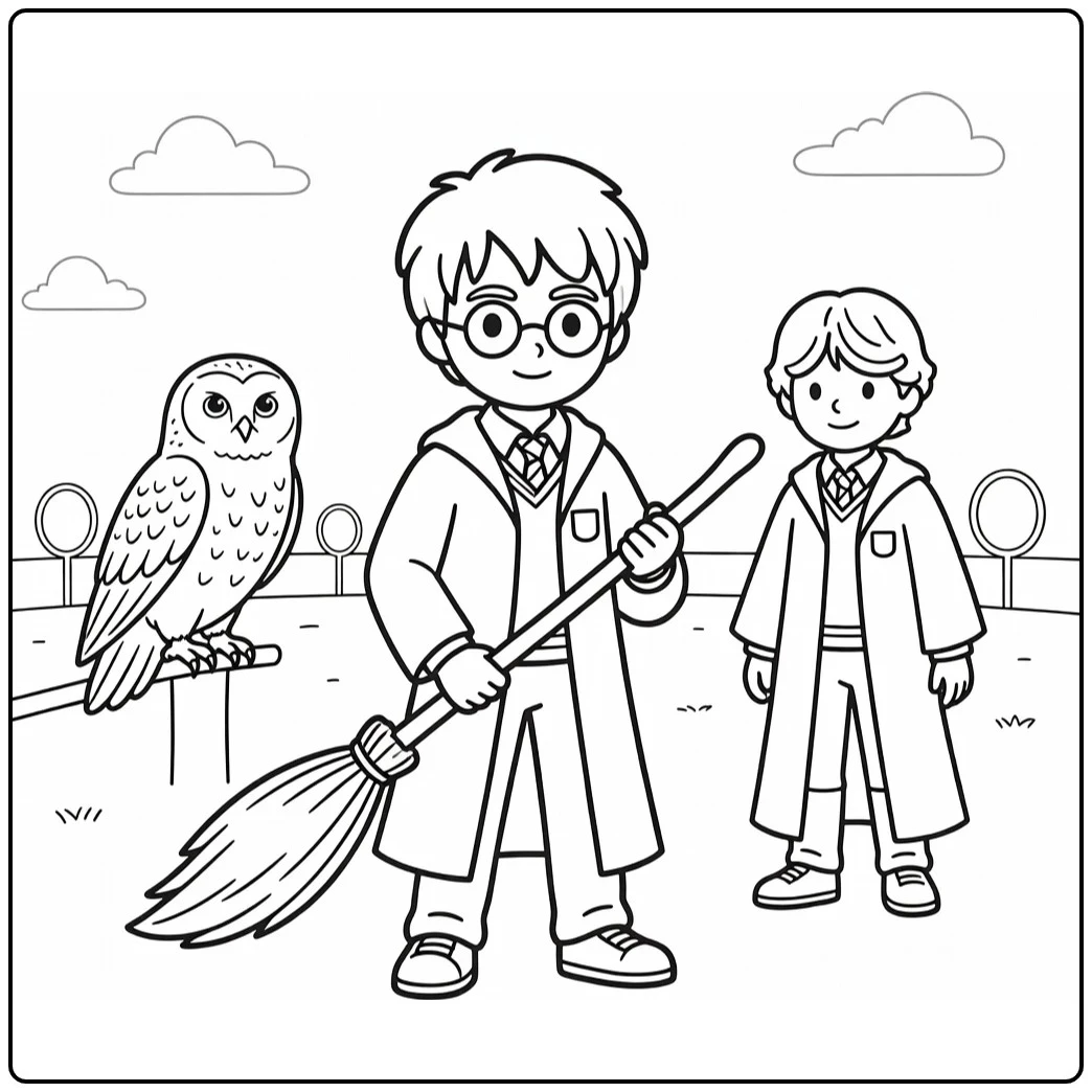Easy Harry Potter Quidditch with Harry, Hedwig, and Ron coloring page