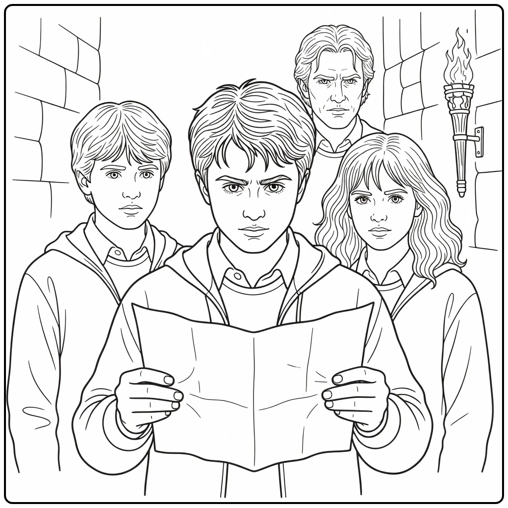 Easy Harry Potter with Ron, Hermione, and Sirius Scene coloring page