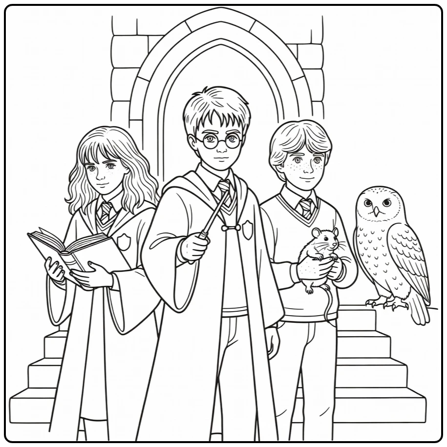 easy Harry Potter coloring page with Harry, Hermione, Ron, and Hedwig