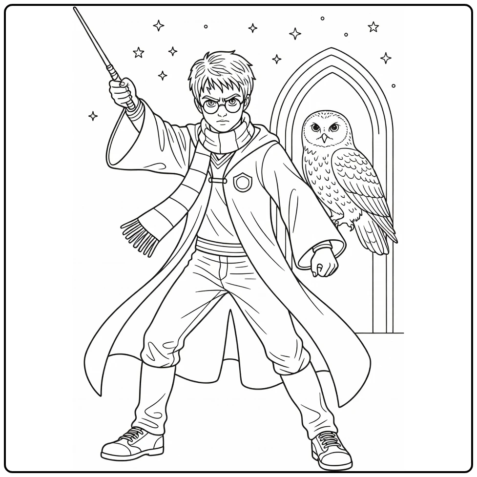 Harry Potter with Scarf Scar and Owl Hedwig coloring page