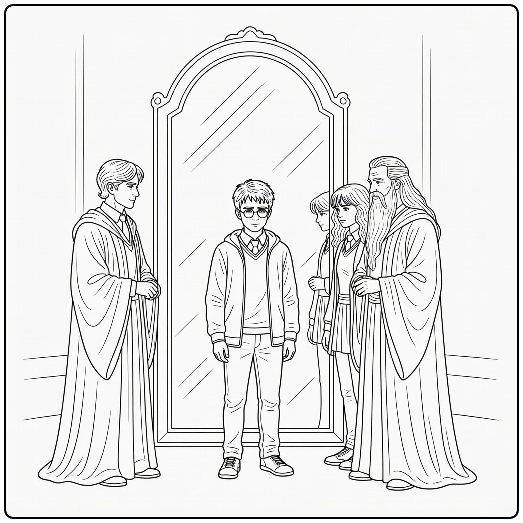 Harry Potter with Dumbledore, Hermione, and Ron Mirror Erised coloring page