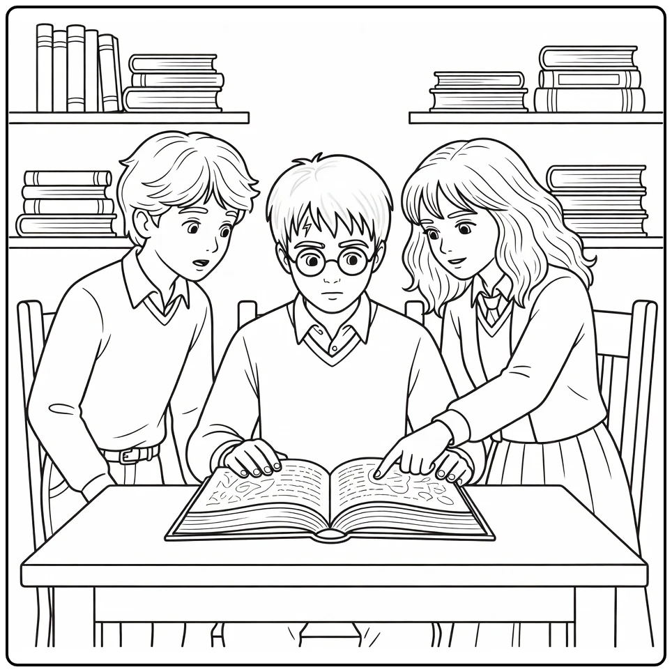 Harry Potter Trio in Magical Library coloring page