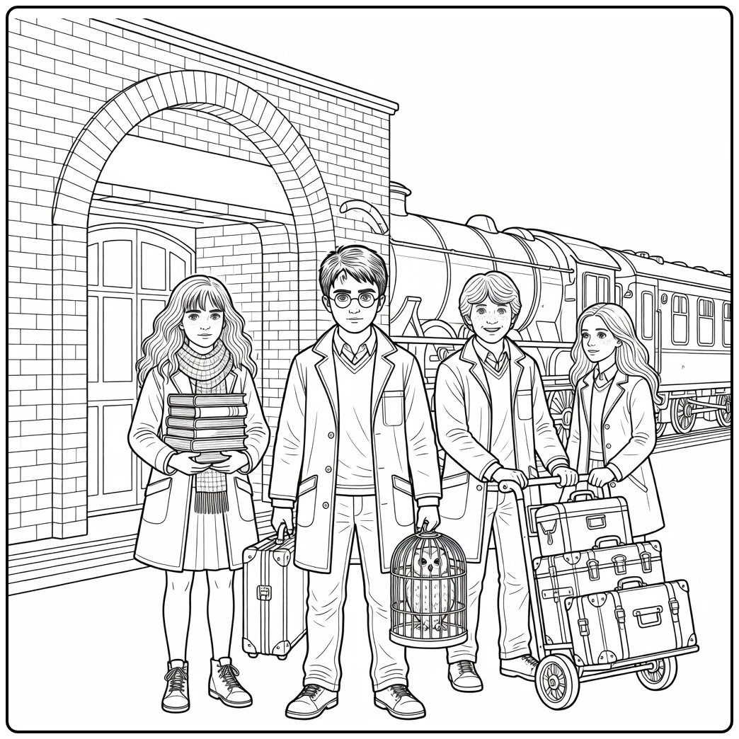 Detailed Harry Potter Platform 9 with Friends coloring page