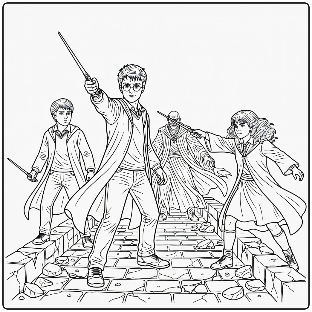 Detailed Harry Potter Battle on Hogwarts Bridge coloring page