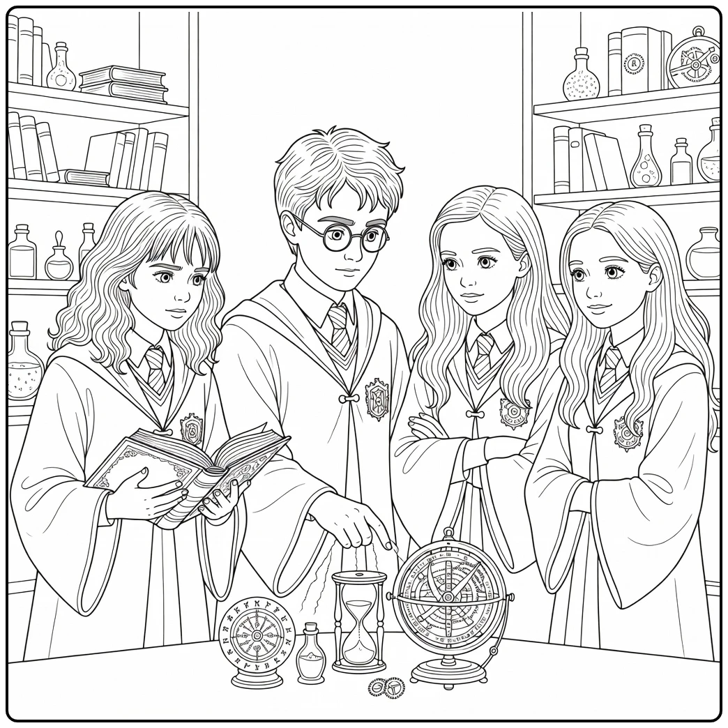 Detailed Harry Potter with Hermione, Ginny, and Luna coloring page
