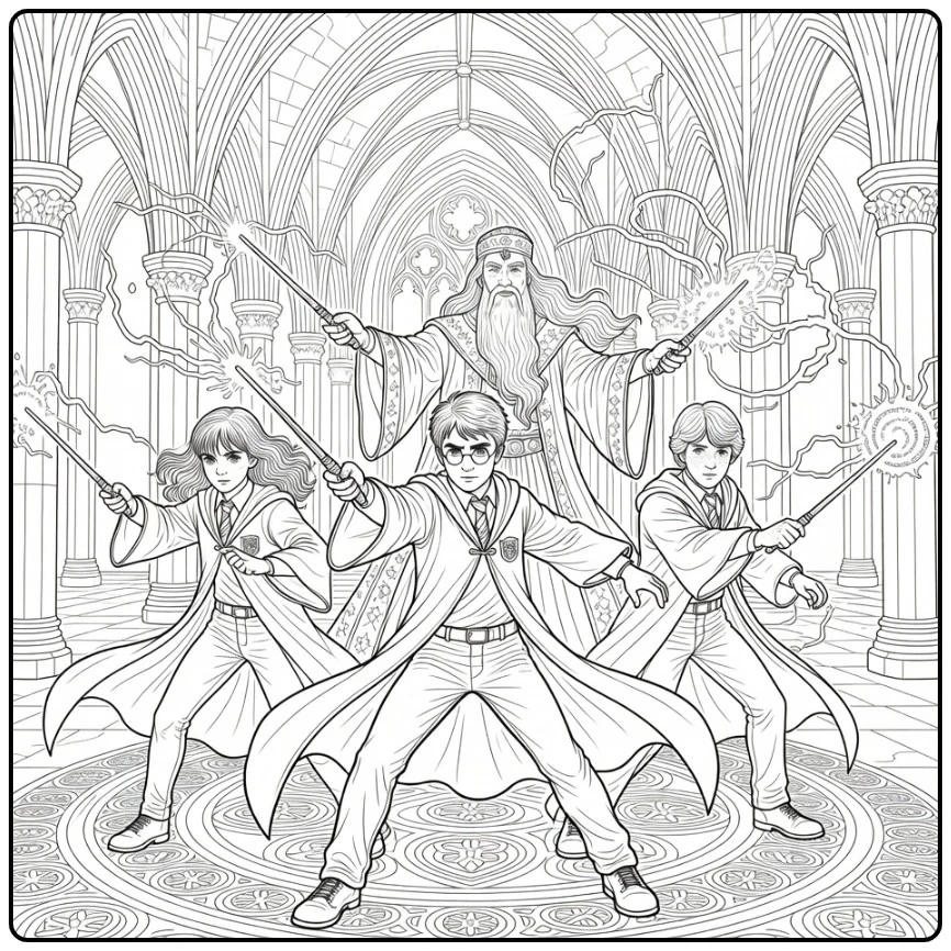 Detailed Harry Potter in Dramatic Duel Hogwarts coloring page