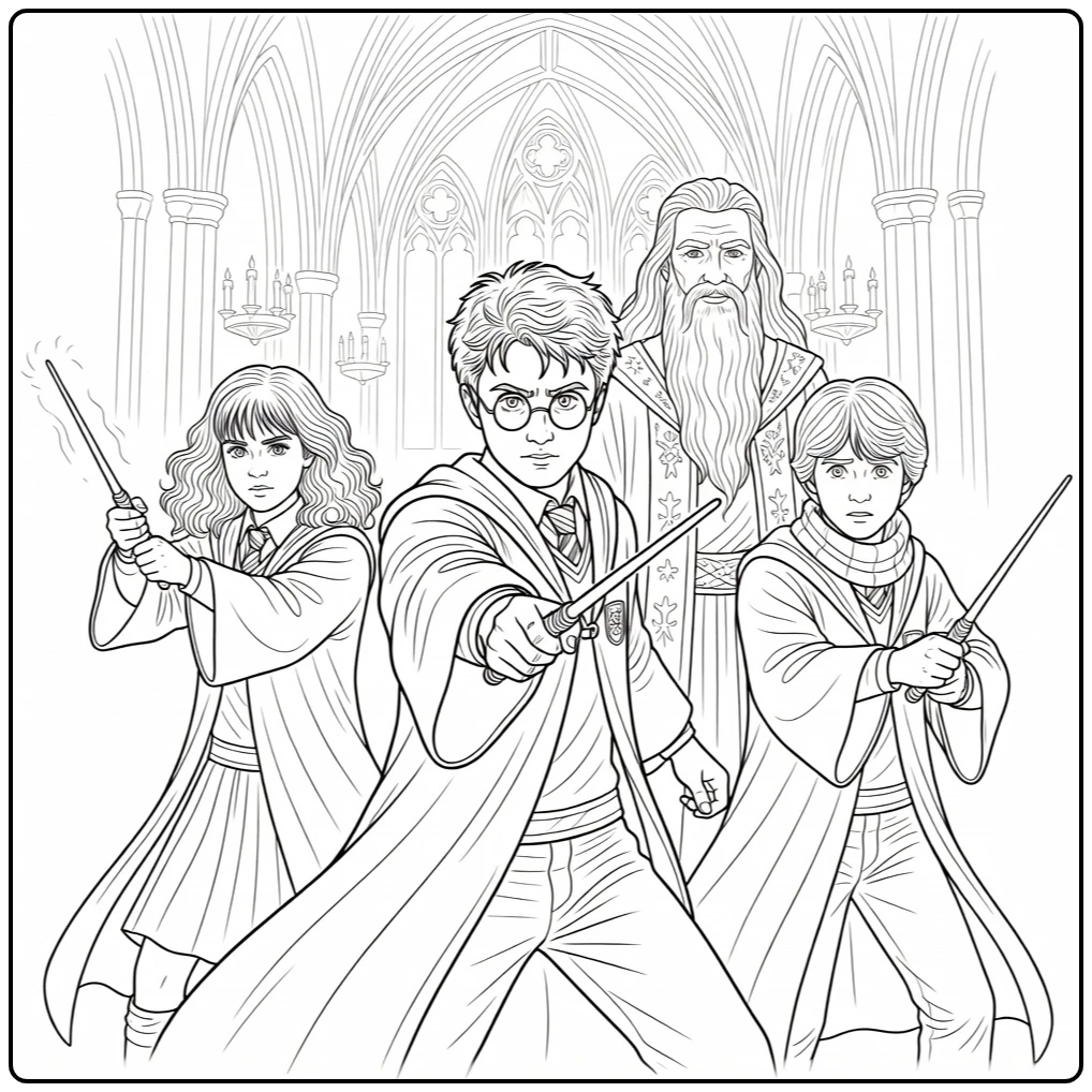 Detailed Harry Potter with Hermione, Ron, and Dumbledore coloring page