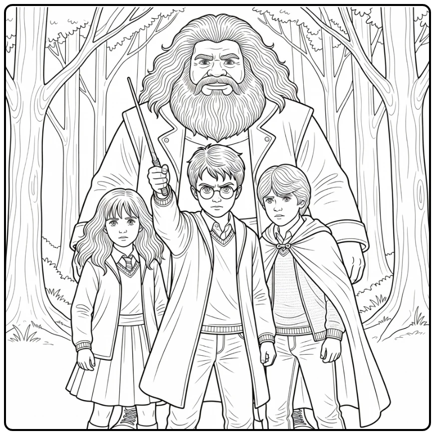Detailed Harry Potter with Wand and Group coloring page