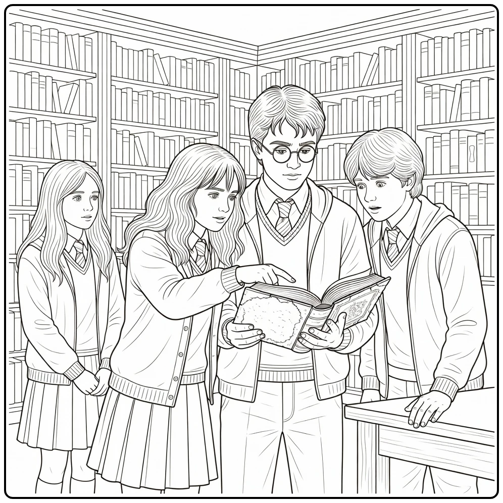 Detailed Harry Potter Hogwarts Library Scene with Friends coloring page