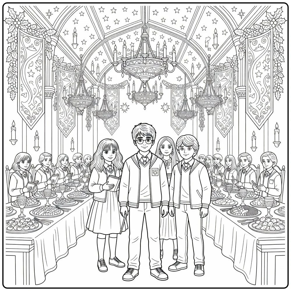 Detailed Harry Potter with Hermione, Ron, and Luna coloring page