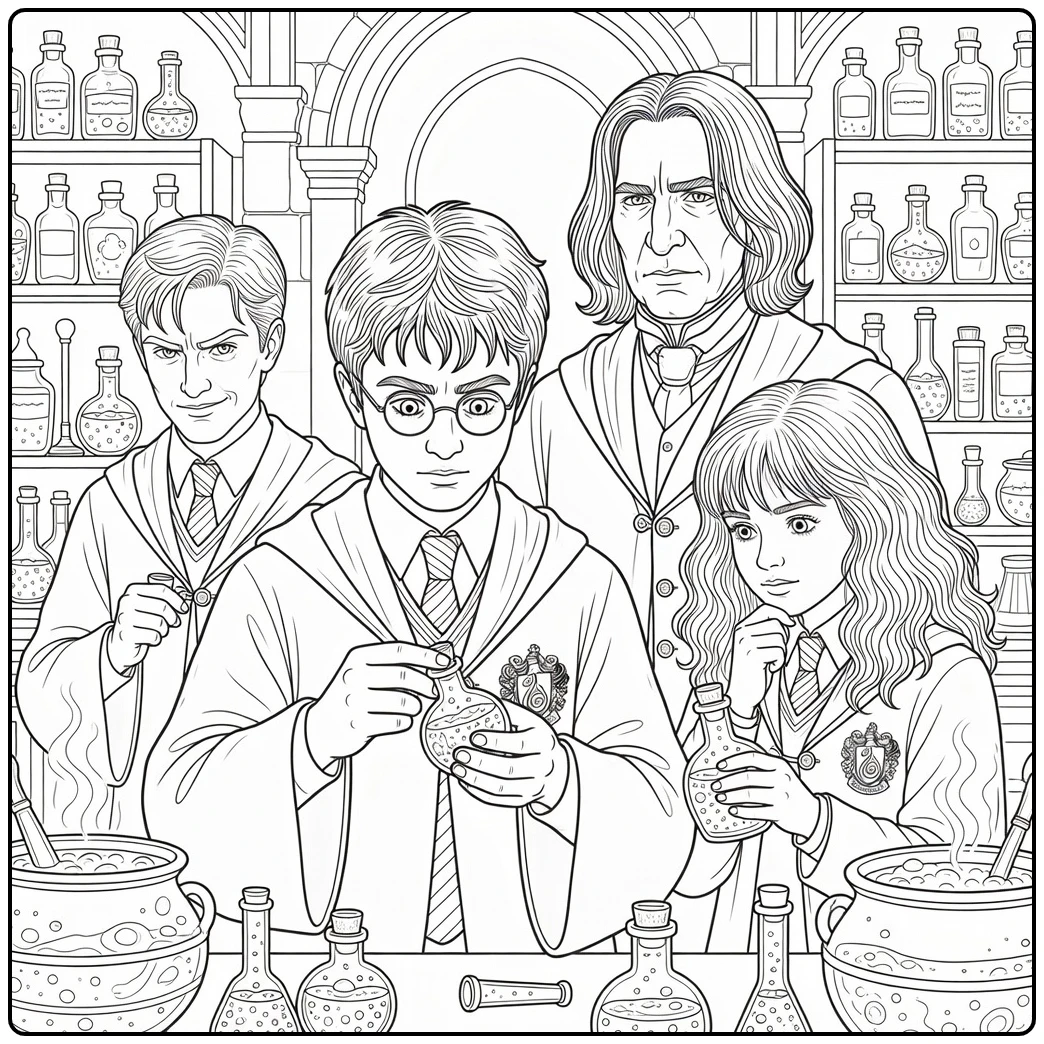 detailed Harry Potter coloring page in the potions classroom with Snape and Hermione