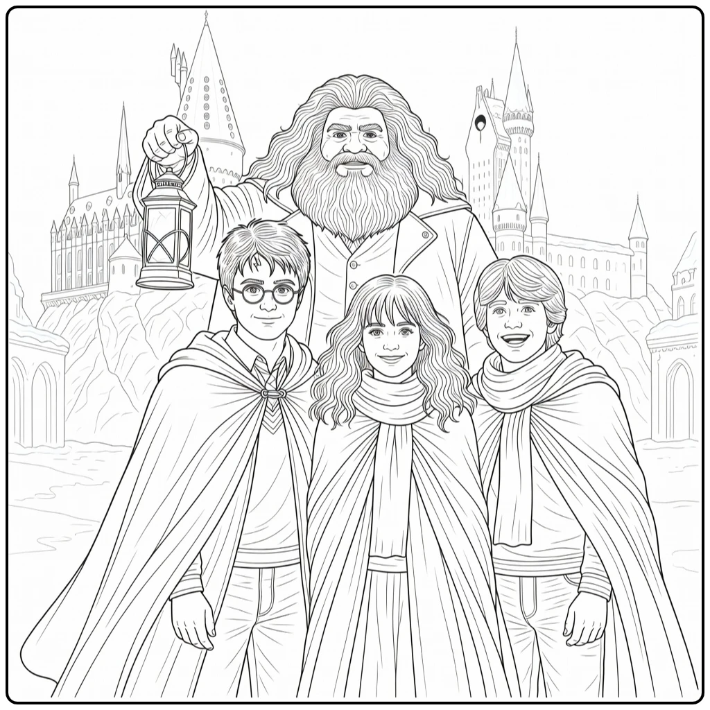 Detailed Harry Potter with Wintry Hogwarts Courtyard and Characters coloring page