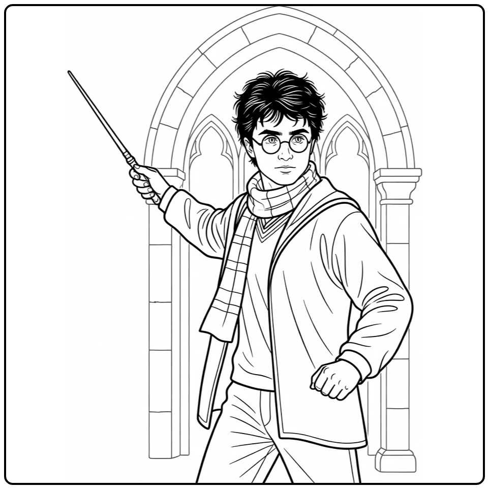 Confident Harry Potter in Duel Pose coloring page
