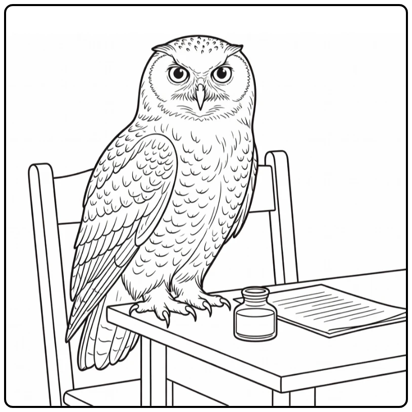 Hedwig Harry Potter Attentive Owl on Desk with Parchment coloring page