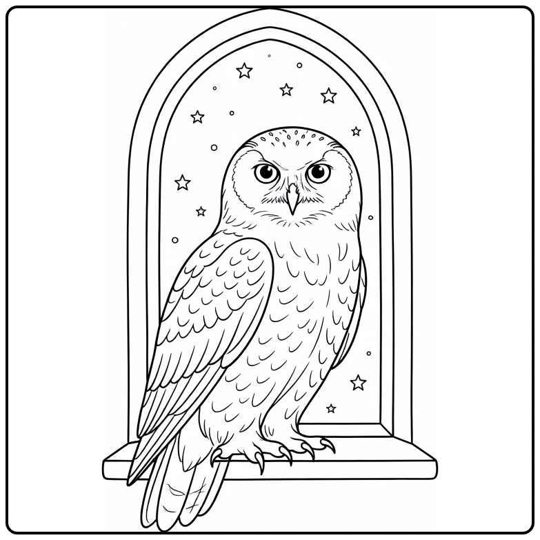 Harry Potter Hedwig Hogwarts Window with Stars coloring page